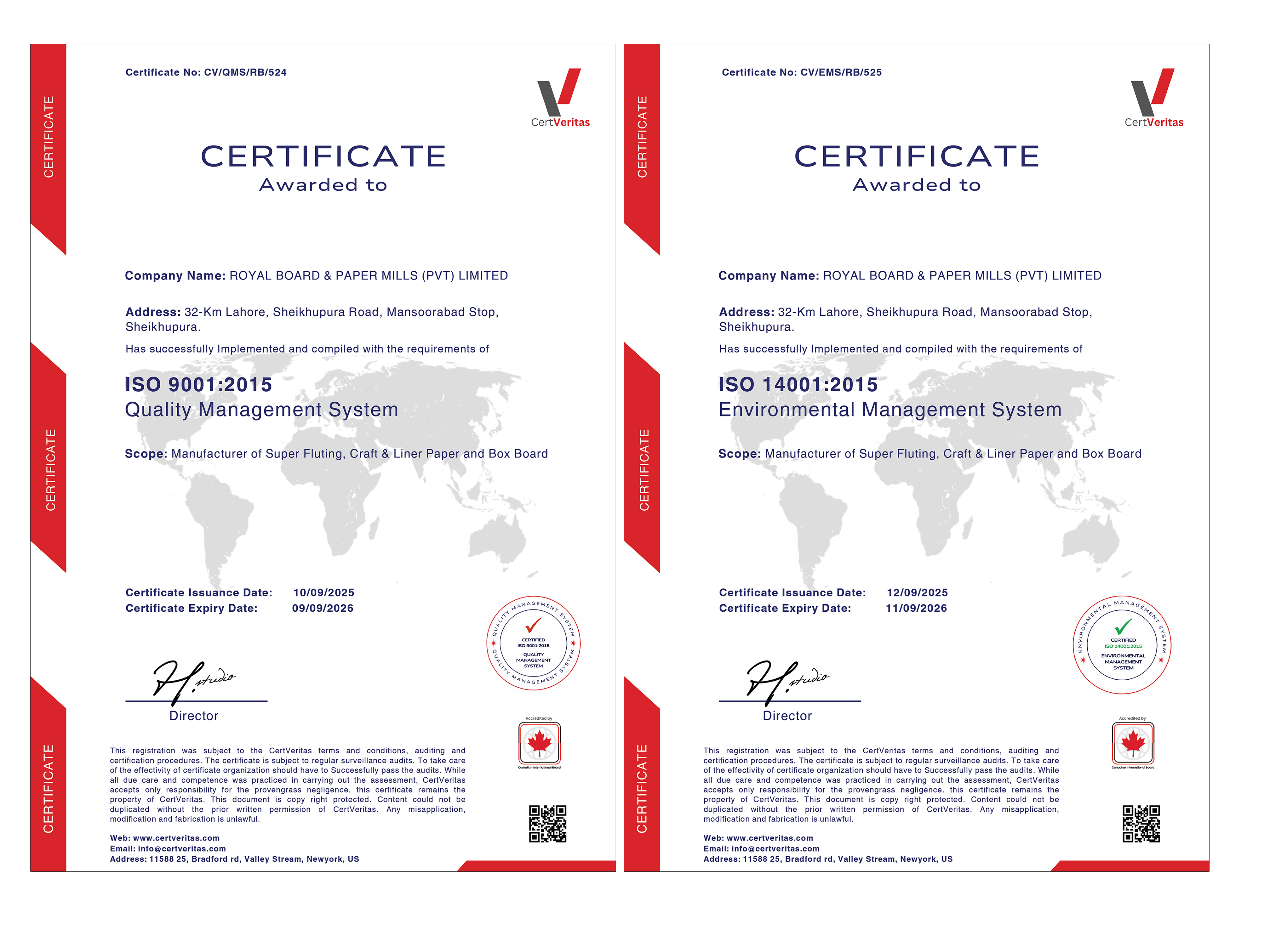 EMS and QMS Certifications for Royal Board & Paper Mills